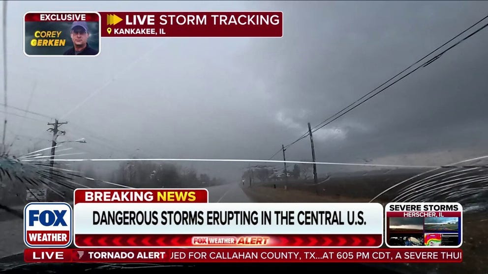 FOX Weather Storm Tracker Corey Gerkin is tracking severe storms in Illinois as massive hail hammers his vehicle, shattering his windshield ahead of the formation of a tornado near Kankakee, Illinois. 