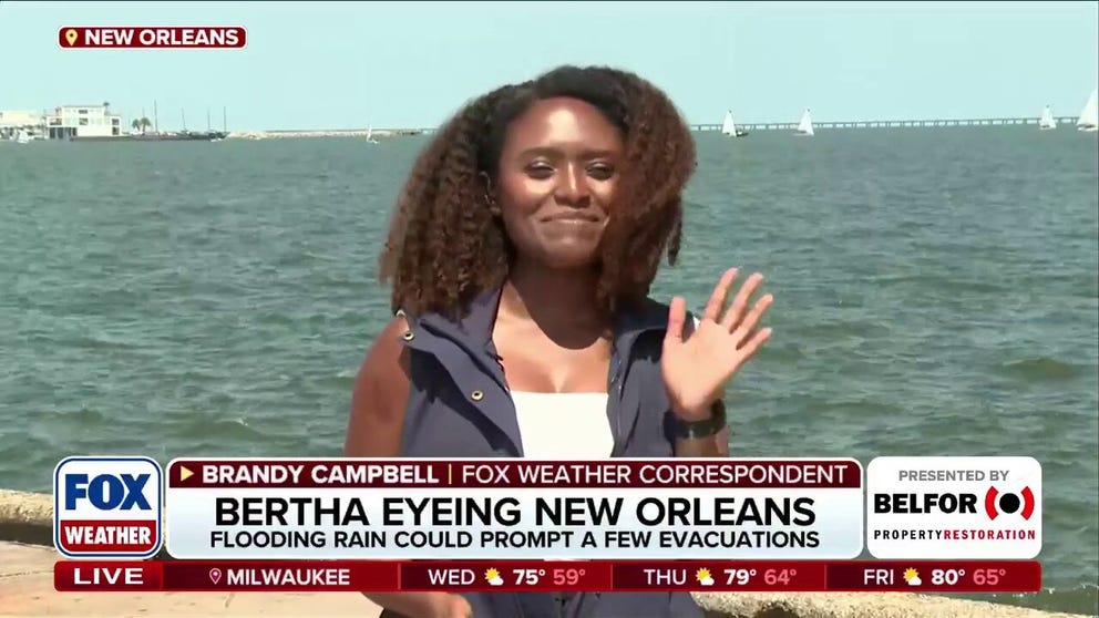 FOX Weather Correspondent Brandy Campbell is live in New Orleans, Louisiana, tracking Tropical Storm Bertha as it continues moving west through the Gulf towards the city. While current conditions show few signs of impending hazards, tropical-storm-force conditions are expected by tomorrow morning. The city has already begun its preparations: