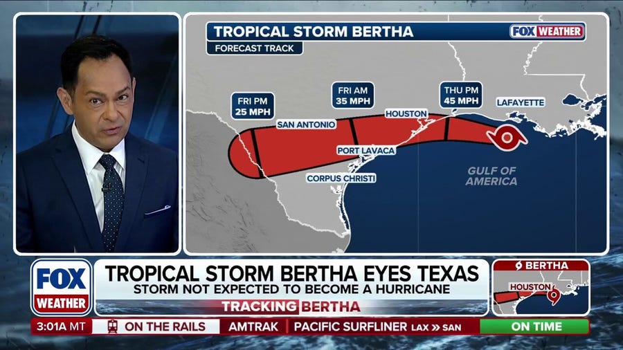 Tropical Storm Bertha races toward a second landfall along the Texas coastline