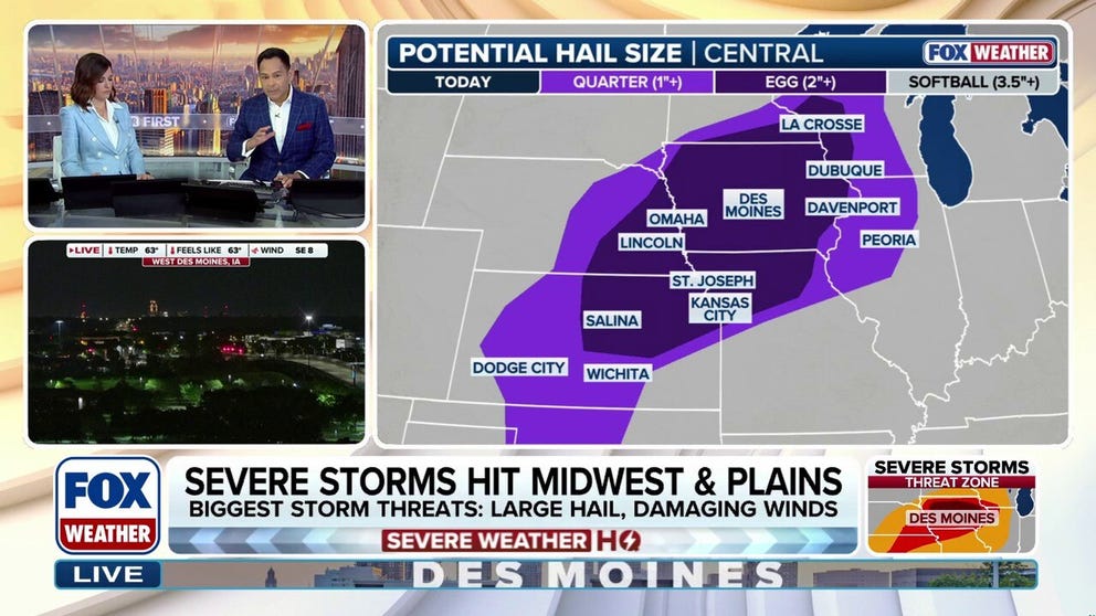 A more than 1,200-mile corridor from Wisconsin to Texas could see severe weather beginning Friday afternoon, with more than 7 million people under the greatest risk of seeing large hail across Iowa and other parts of the Midwest and Central Plains. 