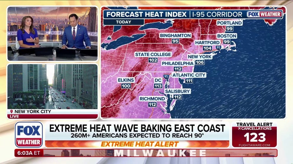The dangerous heat is intensifying Friday as millions are expected to attend outdoor events marking America's 250th birthday, with feels-like temperatures forecast to reach between 100 and 115 degrees along the Northeast and Mid-Atlantic coasts.