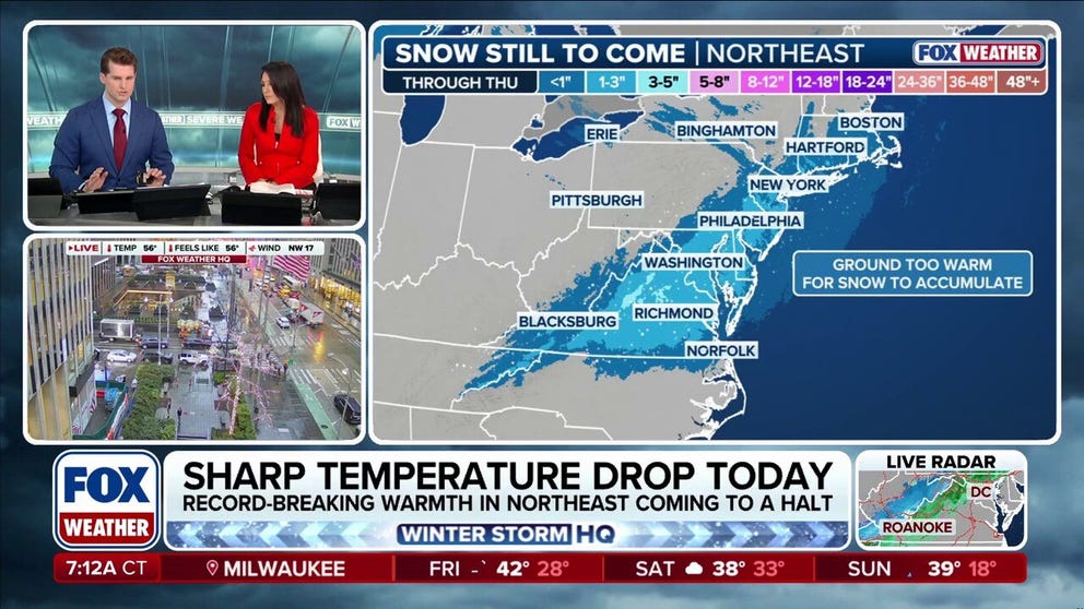 After a taste of spring that brought record heat across the East, snow has already begun falling in Virginia as a cold front moves along the coast, bringing the chance of a snow shower across the I-95 corridor.