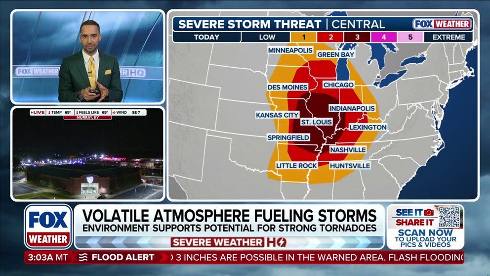 Severe thunderstorms are blasting through the Central Plains and the Midwest early Monday. Quarter-sized hail, heavy rain and winds gusts up to 70 mph were recorded moving through Kansas City, Missouri. Strong storms also swept through St. Louis. Morning storms could also bring flash flooding across parts of Missouri. If cloud cover clears early enough over the Midwest, the atmosphere will reload, creating an even more dangerous severe weather threat Monday afternoon. This would create prime conditions for long-track tornadoes (EF-3+) across Missouri, Illinois, Indiana and western Kentucky. 