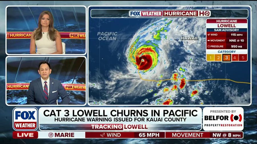 Powerful Category 3 Hurricane Lowell barrels toward Hawaii, prompting Hurricane Warning for Kauaʻi
