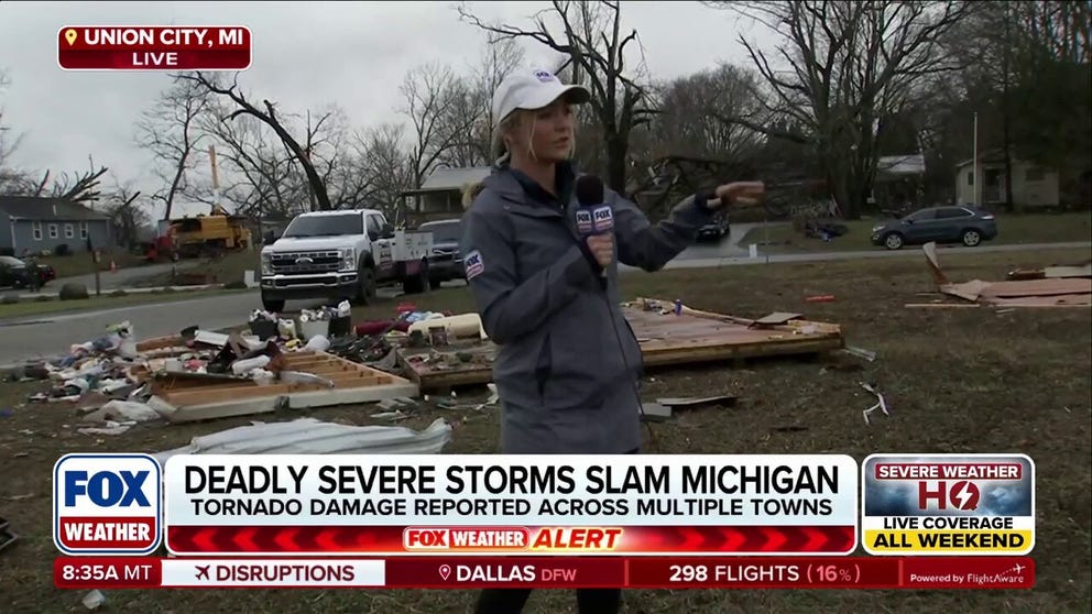 FOX Weather Meteorologist Haley Meier reports live from the ground in Union City, Michigan, bringing us a firsthand look at the destruction after a deadly tornado tore through the community. The storms claimed the lives of at least four people across the state and left a large path of destruction. Officials say the tornado could be one of Michigan’s strongest in decades. Latest: