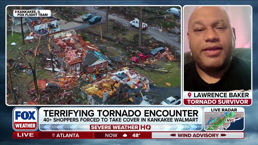 Lawrence Baker is a delivery driver who was shopping for a customer's order inside a store in Kankakee, Illinois, when a powerful EF-3 tornado hit, forcing he and dozens of other customers and employees to take shelter. Baker joins FOX Weather to talk about the terrifying experience during the storm. 