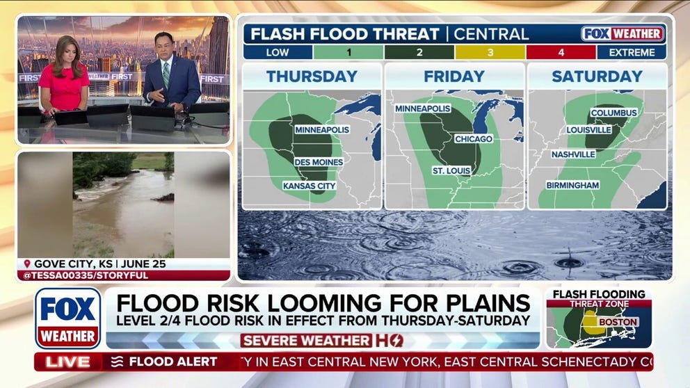 A multiday flood threat looms across the Plains and Midwest as the current heat dome retreats, fueling rounds of heavy rain starting Thursday. While some areas could see rainfall totals topping 3 inches by the end of the work week, the stormy shift could bring a much-needed break from the heat.