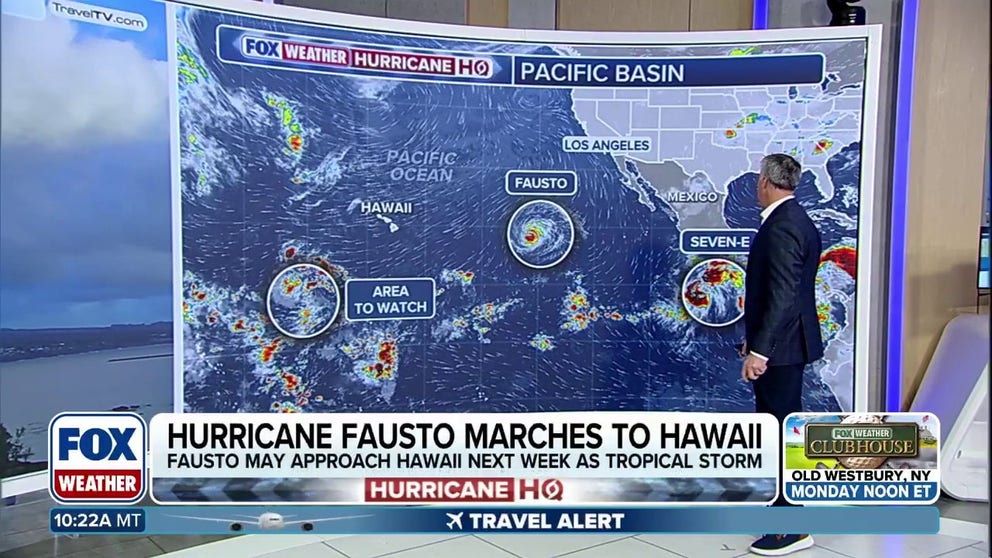 Hurricane Fausto has peaked in its intensity as it heads toward Hawaii as a Category 2 storm. It's expected to weaken significantly by the time it reaches the islands as either a tropical storm or remnant low. Behind it is Tropical Depression Seven-E and another disturbance making the East Pacific packed with activity.