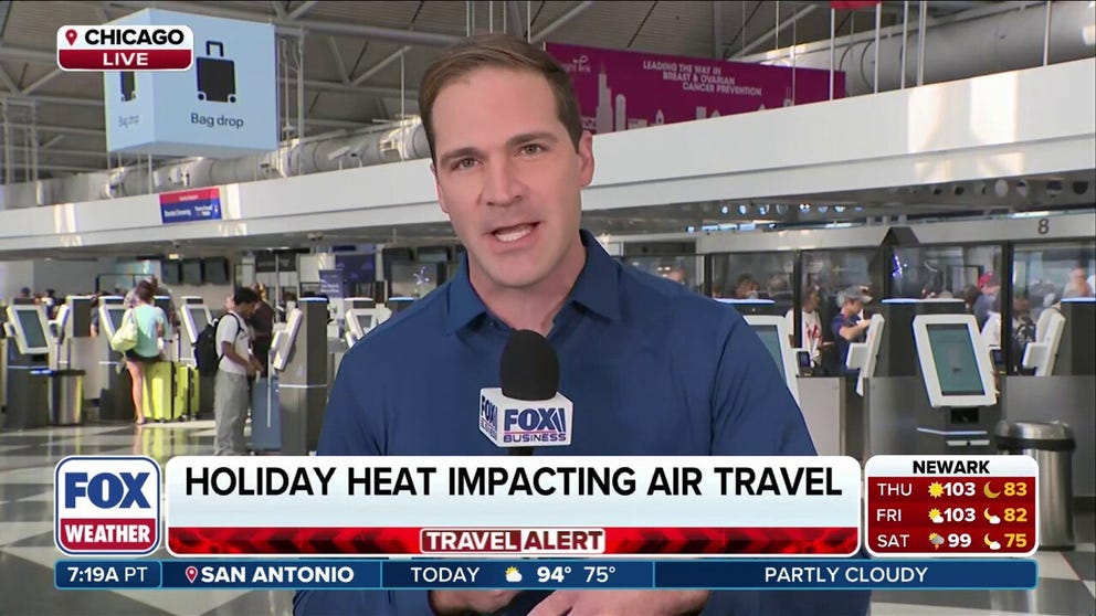 FOX Business Correspondent Grady Trimble joins FOX Weather to bring us the latest from Chicago's O'Hare International Airport, where extreme heat threatens to disrupt air travel as the holiday weekend begins. Latest: