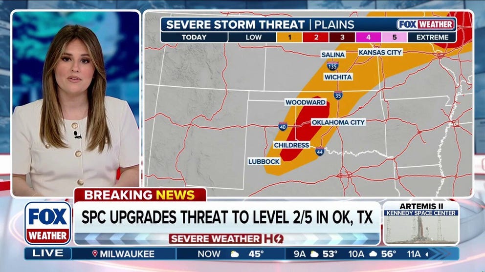 The Storm Prediction Center has increased Tuesday afternoon's severe weather threat across the Southern Plains to a Level 2 out of 5, with the potential for damaging hail and isolated tornadoes. This comes as n active severe weather pattern is beginning to take hold for millions across the Central U.S. right on cue, as April is historically when spring severe weather season begins to intensify across the middle of the country — setting the stage for days of rain and potential flash flooding.