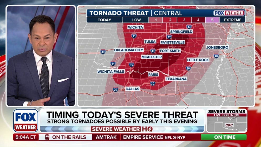 According to the FOX Forecast Center, an outbreak of severe storms is likely across the Southern Plains beginning Friday afternoon. There will be two primary areas to watch for severe storm development. The first round of storms is expected to develop during the mid- to late afternoon near the surface low across Kansas and the Missouri Valley, with the primary threats being monster hail and tornadoes. Overnight, as the cold front pushes farther east-southeast, all severe hazards will be possible from Illinois southward through Oklahoma and northeastern Texas.  A broader severe weather threat targets more than 63 million people Friday, spanning more than 1,500 miles from Texas to Michigan.