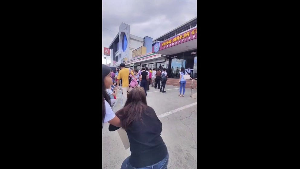 A magnitude 7.8 earthquake shook the Philippines on Monday, June 8, causing widespread damage to the island nation. Footage shows frightened children and parents rushing out of Jose Maria College Foundation in Davao City following the tremor.