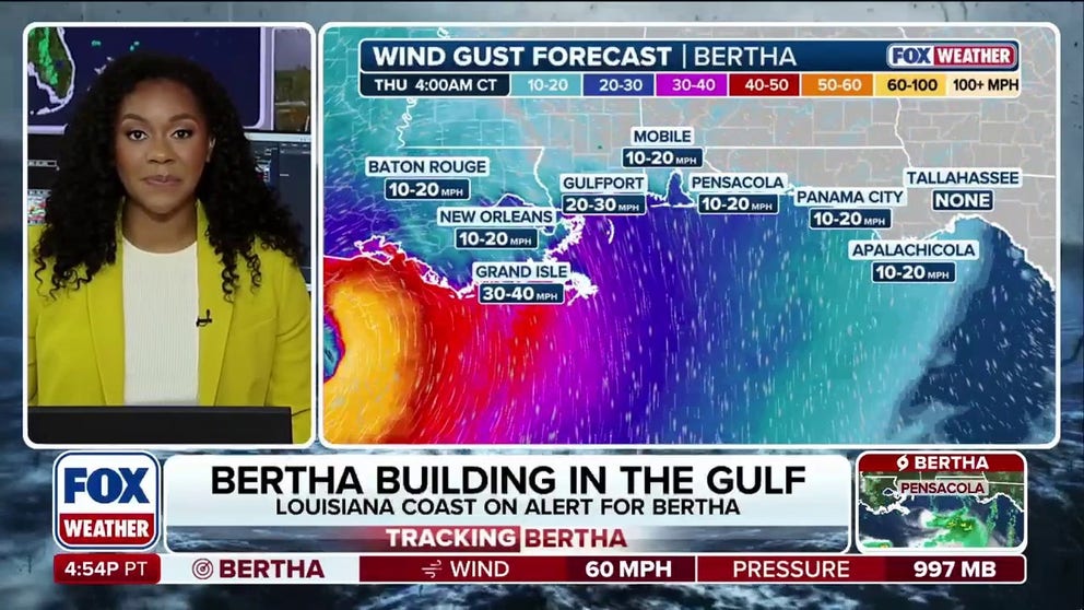 Tropical Storm Bertha is just off the Louisiana coast and is expected to make landfall by Wednesday. The storm currently has maximum sustained winds of 60 mph and is expected to bring heavy rain, gusty winds and possible coastal flooding. Stay with FOX Weather for the latest on Bertha's track and impacts.