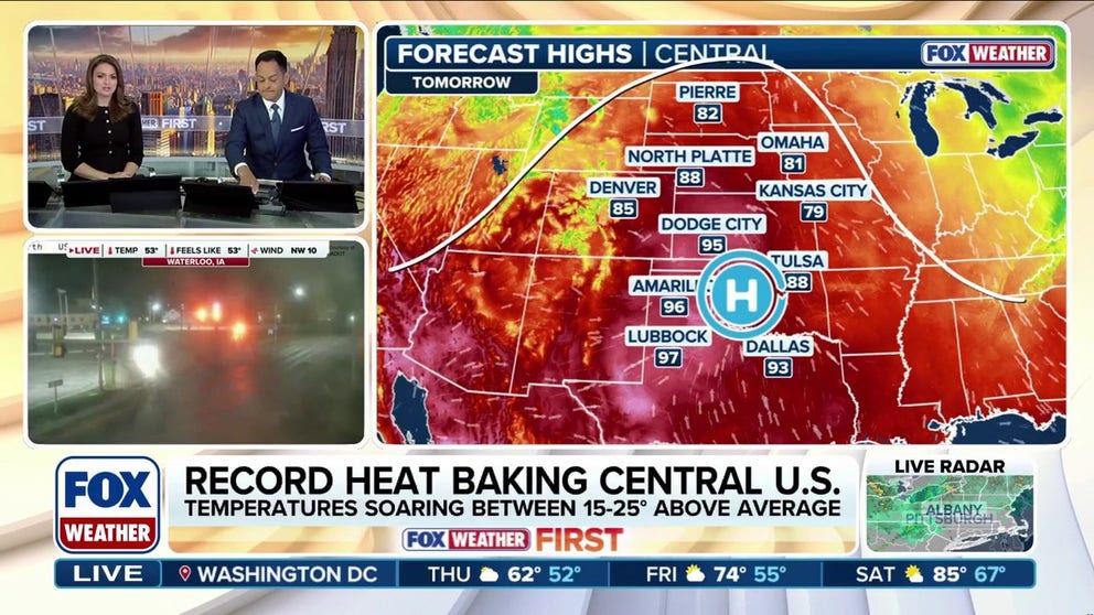 A massive ridge of high pressure is anchored over the Central U.S., sending temperatures soaring 15 to 25 degrees above average from parts of North Dakota to Texas. This heat dome is sandwiched between two storm systems, one impacting the Pacific Northwest and Montana, and the other set to deliver severe storms to parts of the Ohio Valley and interior Northeast. This stagnant pattern will remain through Thursday and is known as an "Omega Block" due to its resemblance to the Greek letter Ω, when drawn on a map.