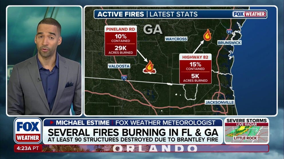 Wildfires have scorched more than 34,000 acres and destroyed nearly 90 homes across southern Georgia amid historic drought conditions. In addition, wildfire smoke has prompted Air Quality Alerts across parts of the state, as well as parts of South Carolina.