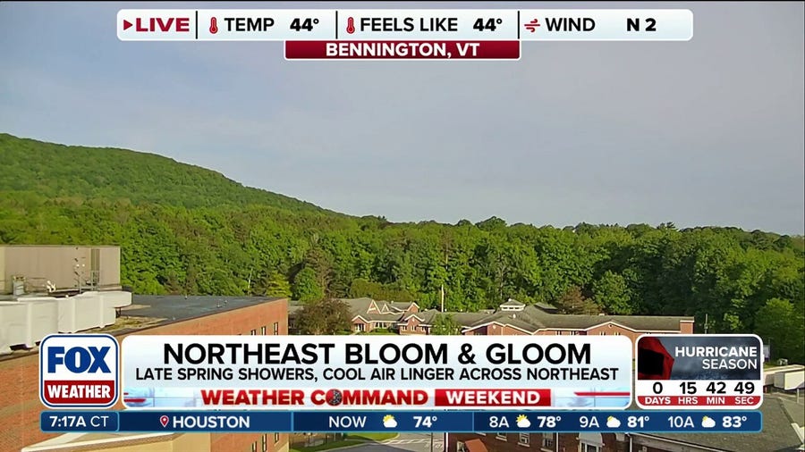 Late spring showers and cool air linger across the Northeast