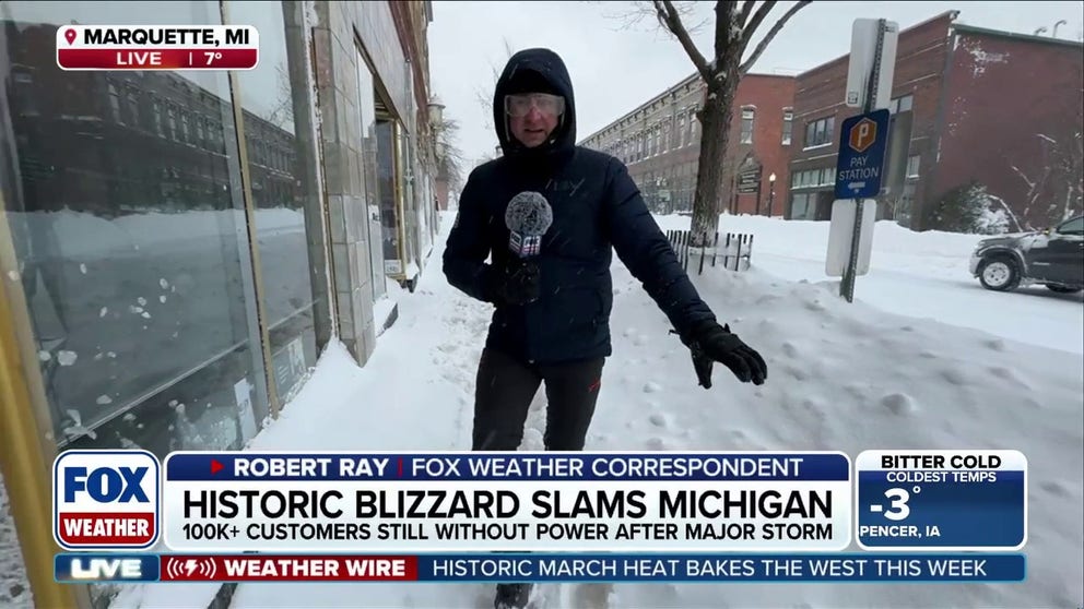 FOX Weather Correspondent Robert Ray continues his live coverage from Marquette, Michigan, after a historic blizzard buried the community in over 3 feet of snow, covering doorways, streets, and sidewalks. Residents are unable to open their shops, with one owner describing it as 