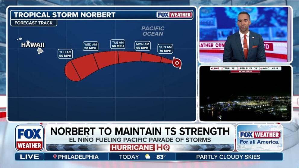 Norbert is expected to maintain Tropical Storm status through the weekend, with winds nearing hurricane strength, but at this point it looks unlikely to get there. FOX Weather Meteorologist Michael Estime breaks down the latest models and forecast: