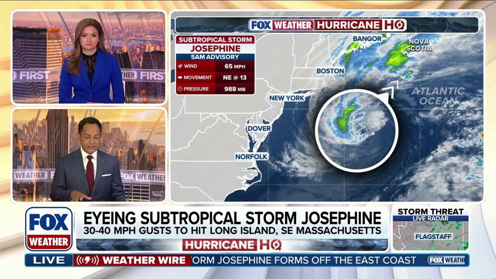 Subtropical Storm Josephine is spinning less than 200 miles south of southern New England, lashing parts of the Massachusetts coast and eastern portions of New York's Long Island with strong wind gusts as it begins to accelerate away from the East Coast. Josephine blasted parts of the Carolina and Mid-Atlantic coasts earlier in the week with strong winds, coastal flooding and beach erosion as a strong nor'easter, before acquiring enough tropical characteristics in the warm waters off the Southeast to be named by the National Hurricane Center (NHC) on Wednesday.