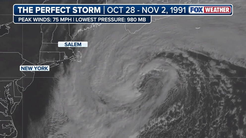 Satellite footage captures the powerful storm system known as The Perfect Storm.