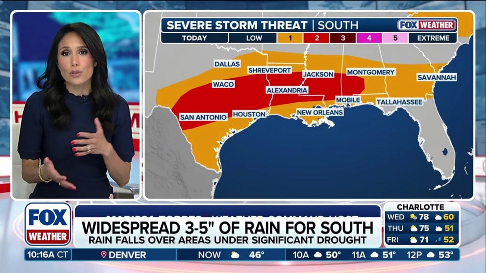 While much-needed rain hits the drought-stricken South, a cluster of fast-moving storms is also heightening the risk of severe weather and flash flooding. Along the Southeast coastline, the primary threats will be large hail and damaging winds, though an isolated tornado cannot be ruled out. Latest: