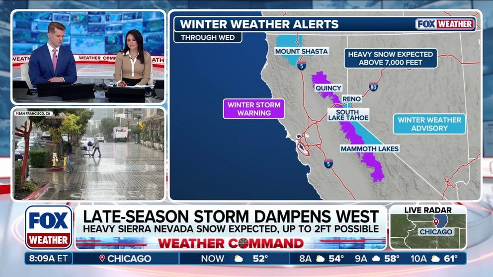 A Pacific system is moving over the Golden State, bringing coastal rain, storms and mountain snow as it pushes across the region. Areas across California are under Winter Storm Warnings, with additional areas in Nevada and Utah under wind alerts. FOX Weather Meteorologists Marissa Torres and Stephen Morgan have all the latest: