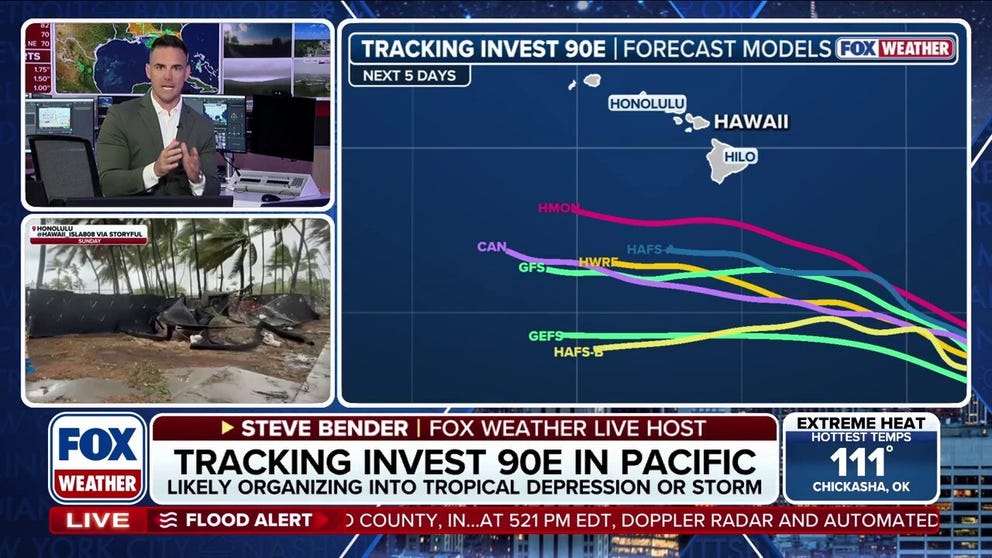 FOX Weather Meteorologist Steve Bender breaks down the renewed threat for the Hawaiian Islands as Invest 90E could develop into a tropical storm this weekend.
