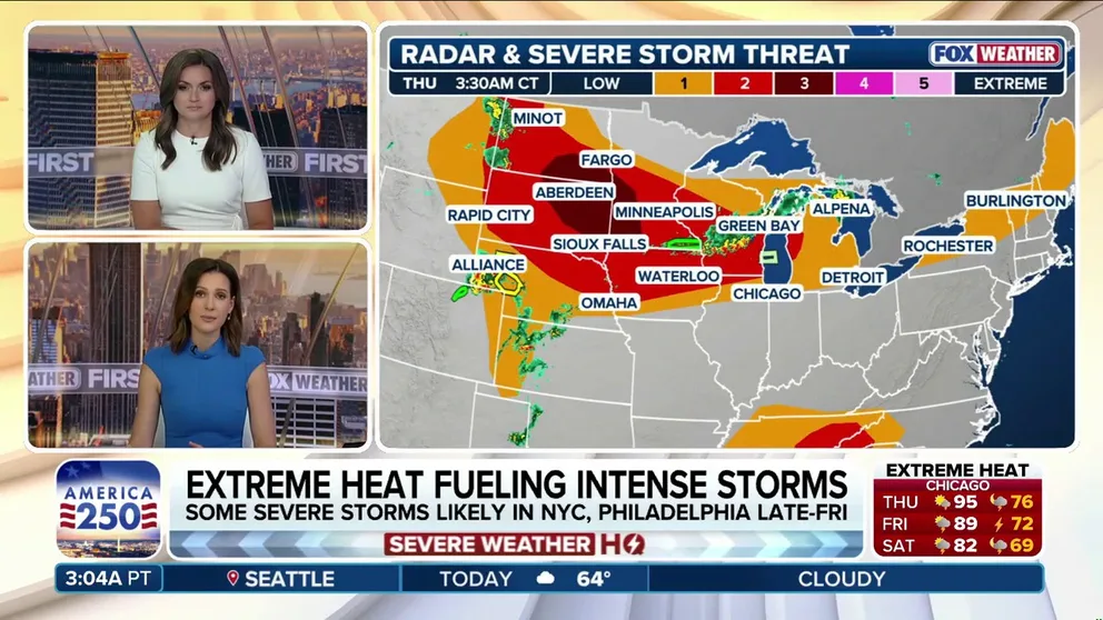 The massive heat wave gripping the Eastern Seaboard is fueling rounds of ridge-riding severe storms from the Plains to the Northeast. The next round is expected to fire up this afternoon across the Upper Midwest, tracking southeast into areas already hit earlier this week. Full outlook: