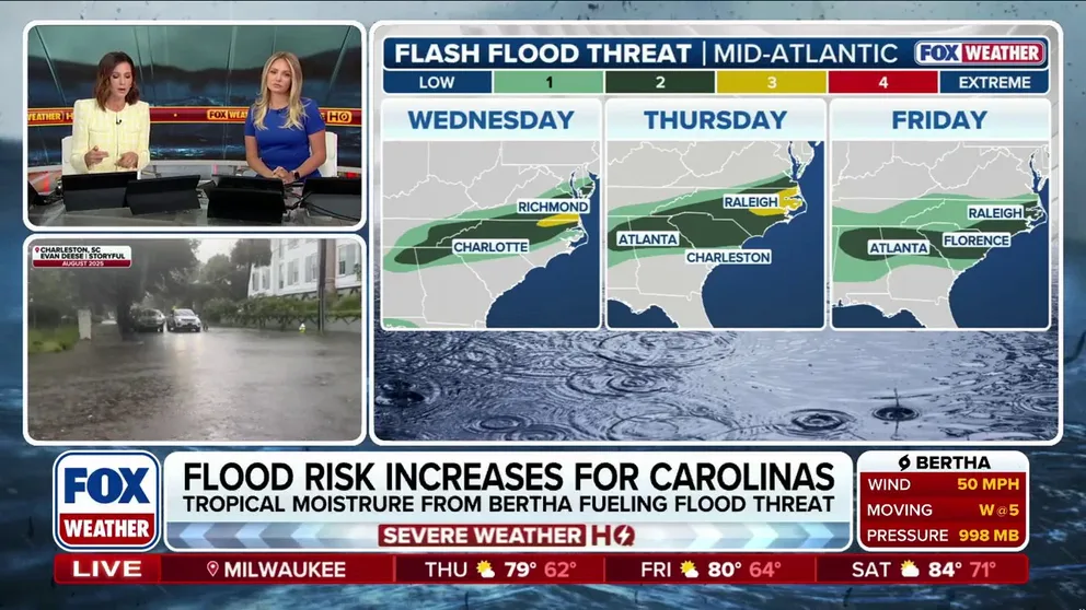 A stalling cold front pulling tropical moisture from Bertha is bringing an increasingly dangerous, multiday flood threat to the Mid-Atlantic and Carolinas through Saturday. Portions of the region have been upgraded to a Level 3 risk, with Raleigh and areas eastward toward the Outer Banks in the bull’s-eye. Full forecast: 