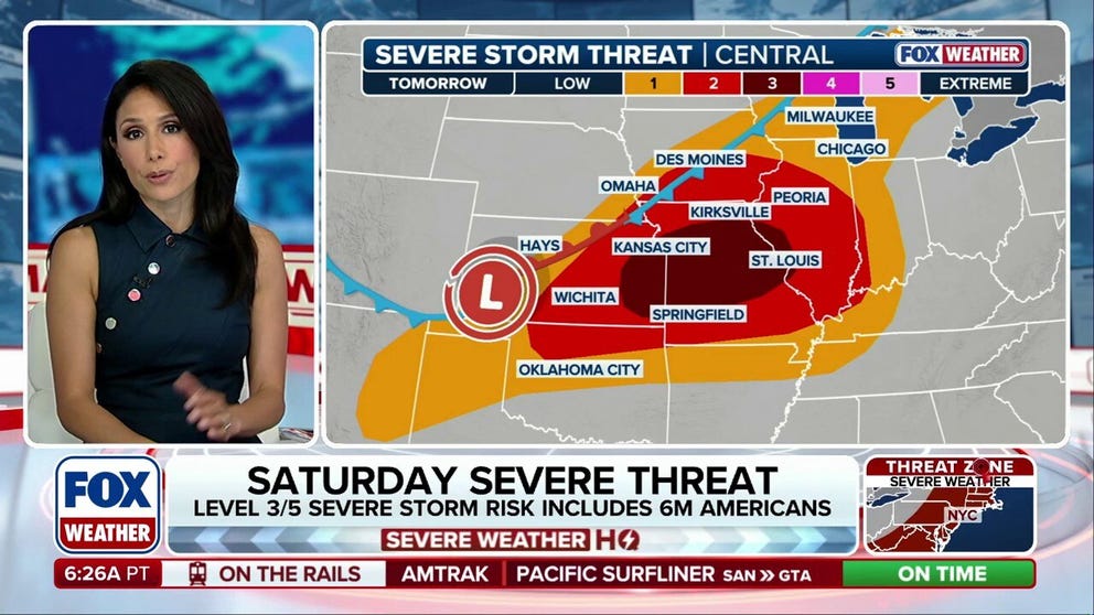A level 3 out of 5 severe storm threat reaches from eastern Kansas across central Missouri and into western Illinois on Saturday. The primary threat is for dangerous winds and large hail. In addition, a flood threat is also in place across the region and into the South through Tuesday.