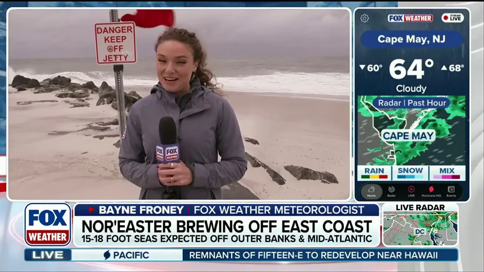 A powerful nor'easter is set to bring significant impacts to the East Coast from the Carolinas to New England. Effects of the brewing storm are already showing in Cape May, New Jersey, as gusty winds and rough surf dominate the beaches.