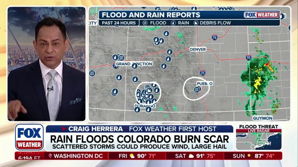 A flash flood risk remains for parts of Colorado through the end of the workweek, including the Pueblo area, where heavy downpours triggered more debris flows near the Aspen Acres Fire burn scar on Wednesday. The National Weather Service issued its second Flash Flood Emergency of the week for the area. Another Flash Flood Emergency was also issued Wednesday for a separate burn scar farther west in Ouray County.