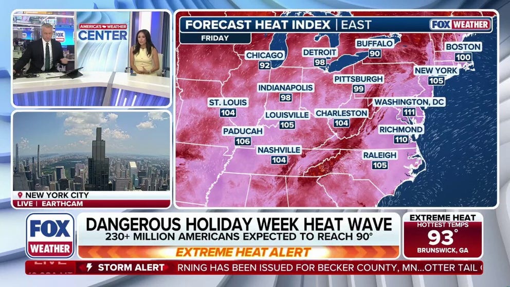 A massive heat dome is settling over the eastern half of the country, triggering the first major heat wave of the summer, just ahead of the July 4 holiday.