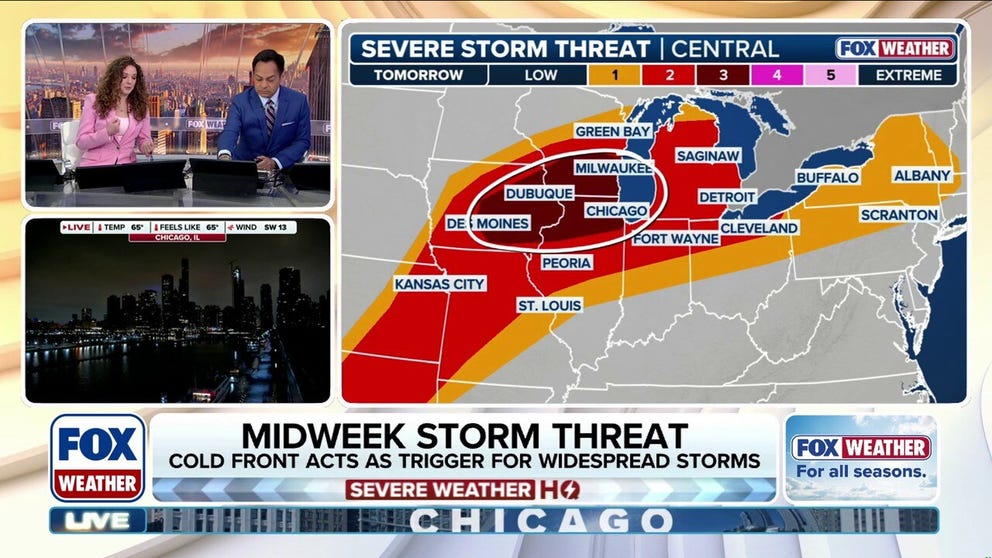 A corridor between Minneapolis and Green Bay, Wisconsin is under a Level 3 out of 5 risk of severe thunderstorms, according to NOAA's Storm Prediction Center. Large hail, 2+ inches in diameter, will be possible late Monday afternoon and into the evening, when severe thunderstorms are expected to develop. The severe weather threat will begin to expand Tuesday, spanning from the Big Bend of Texas to Lake Michigan.