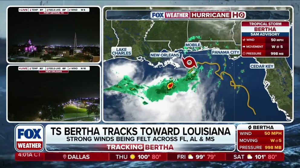 Tropical Storm Bertha is lashing the northern Gulf Coast with tropical-storm-force winds from the Florida Panhandle to Louisiana ahead of its expected landfall in southeastern Louisiana on Wednesday evening.