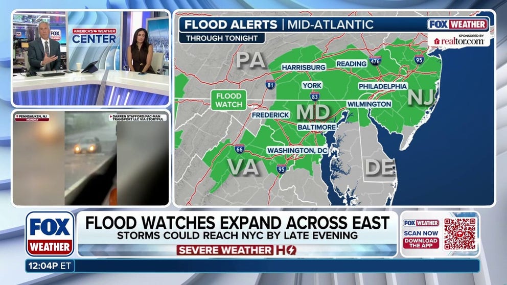The NWS is warning of an increased urban flood threat Thursday afternoon for major metros along the I-95 corridor in the Mid-Atlantic. Cities including Washington, D.C., Baltimore and Philadelphia are on watch as yet another round of potent thunderstorms targets the area. See the timing:
