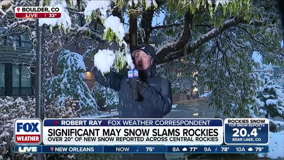 A rare May snowstorm is walloping the Central Rockies, with more winter weather expected through Wednesday afternoon. Heavy, wet snow is weighing down trees and creating slick conditions across parts of Colorado and Wyoming. FOX Weather Correspondent Robert Ray has the latest conditions in Boulder.