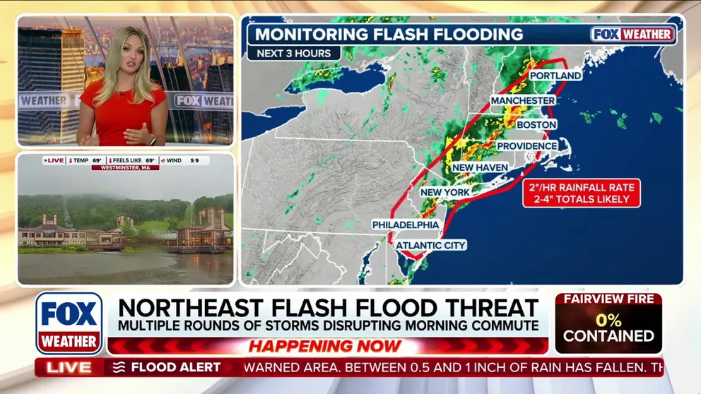 Rounds of heavy rain and flash flooding threaten the East Coast, as slow-moving storms could fall at rates of up to 2 inches per hour. Meanwhile, tropical moisture fuels torrential downpours in the Southeast. Full forecast: