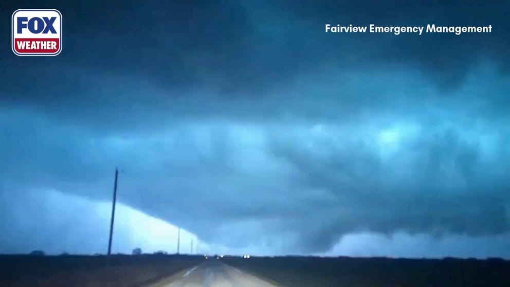 Lightning lit up the night sky over Fairview, Oklahoma on Thursday, revealing a possible tornado. Severe weather has been ripping through parts of the South throughout the week, with the threat expected to strengthen on Friday.