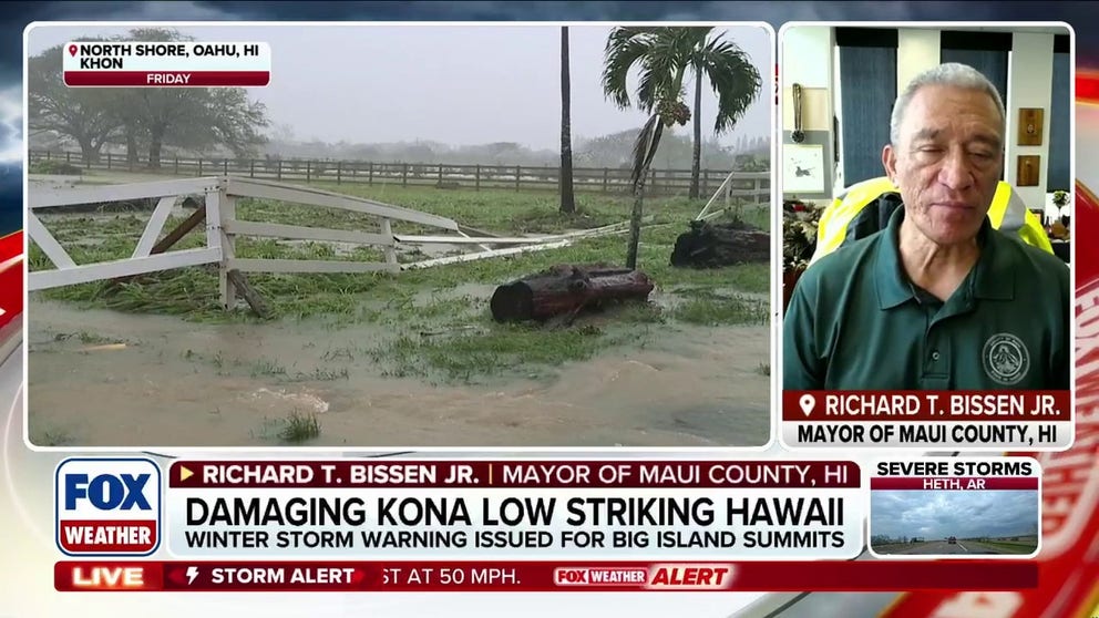 A dangerous storm is currently slamming Hawaii with gusty winds and heavy rain. Much of the Aloha State is under Flood Watches until Monday. The mayor of Maui County, Richard T Bissen, joins FOX Weather to discuss how the government and residents are handling this storm.