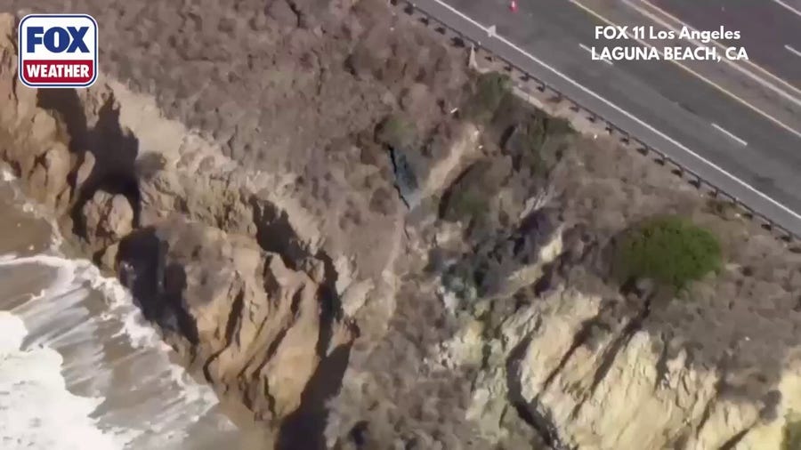 Large crack forms on shoulder of Pacific Coast Highway in Laguna Beach, California