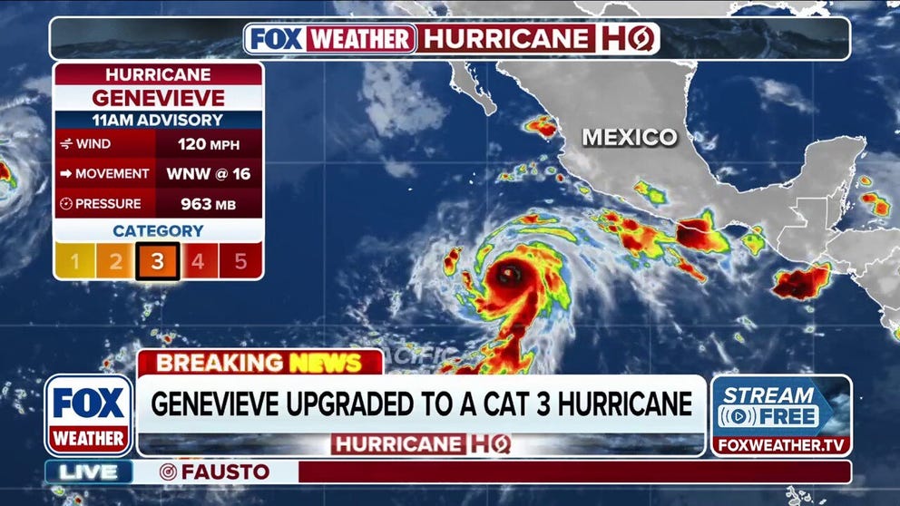 Hurricane Genevieve has reached Category 3 status — becoming the season's first major hurricane — as it barrels through the Pacific. Stay with FOX Weather for the latest.