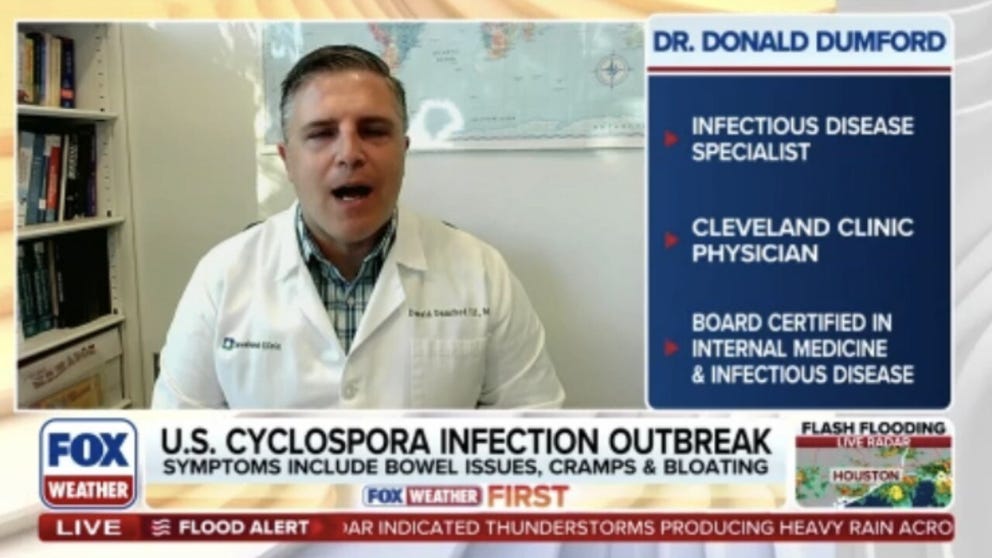 The U.S. is experiencing a cyclospora infection outbreak with symptoms including bowel issues, cramps and bloating. Dr. Donald Dumford, an infectious disease specialist and a physician at the Cleveland Clinic, joins FOX Weather with the latest. 