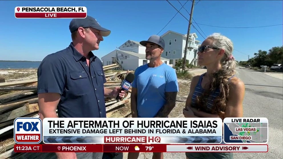 Pensacola Beach, Florida, was one of the hardest hit areas after Hurricane Isaias made landfall on Friday night, with storm surge, heavy rain and hurricane-force winds causing damage. FOX Weather Senior Correspondent checks in with a couple cleaning up the muck and debris in their home and yard right off the water in Pensacola Beach. Hear what they have to say: