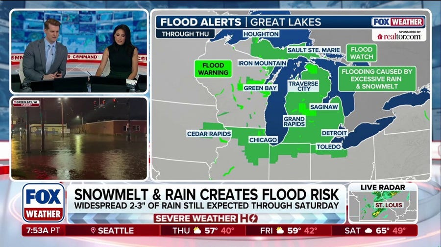 Snowmelt and rain create flood risk across Great Lakes with widespread flash flood alerts in place