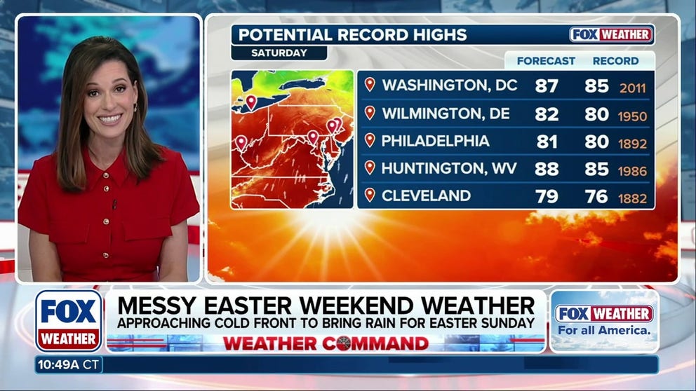 A quick spring warmup is underway across the eastern U.S., with near-record temperatures expected in parts of the Mid-Atlantic and Ohio Valley Saturday. Washington, D.C., will reach the upper 80s before storms sweep the Eastern Seaboard on the morning of Easter Sunday. Behind the storms, temperatures will plummet back into the 40s across parts of the Northeast Monday.