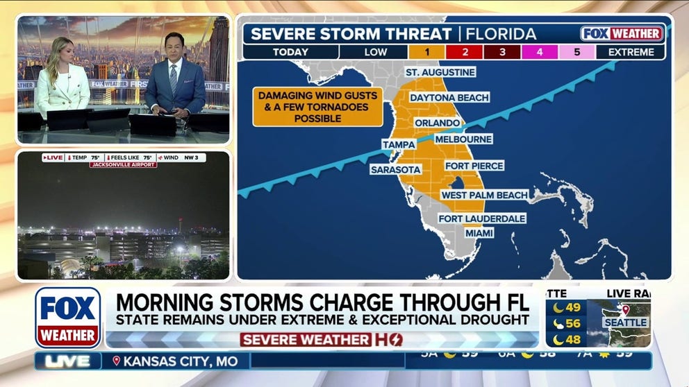 Rain finally returns to Florida Tuesday in the form of severe storms. A Level 1 out of 5 risk of severe thunderstorms covers most of the Florida Peninsula from St. Augustine to Miami. Storms will roll along the Panhandle Tuesday morning, as the tail end of a cold front sags its way south through the day. The biggest threat with any associated severe storms will be damaging wind gusts, as well as the potential for weak, isolated tornadoes.