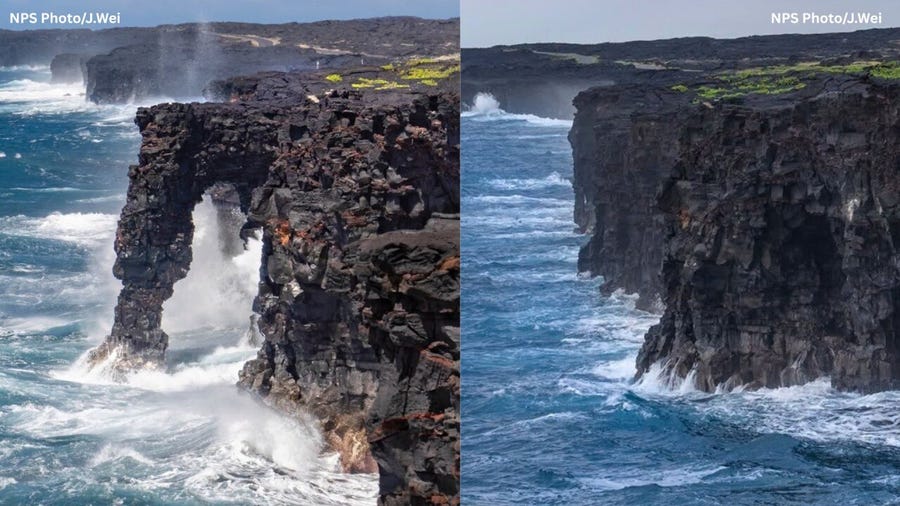 Before and after collapse of iconic Hōlei Sea Arch in Hawai'i Volcanoes National Park