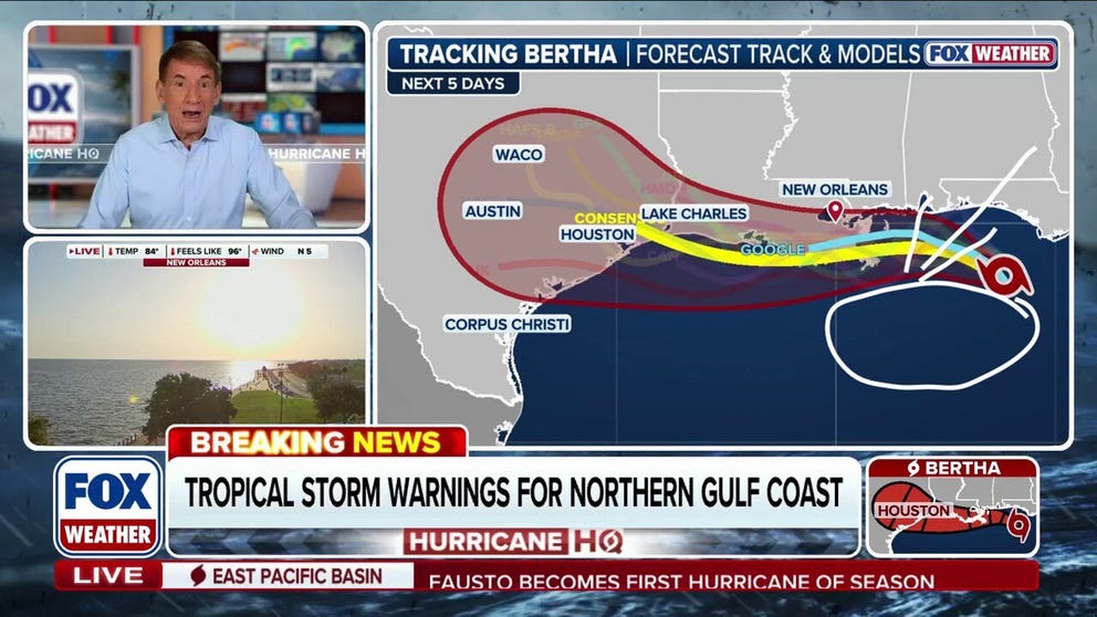 Additional watches and warnings have been issued Tuesday as Tropical Storm Bertha struggles to organize, but it is still on track to bring significant weather to the coast. Rounds of downpours will pinwheel in off the Gulf, accompanied by gusty winds up to 50 mph. FOX Weather Hurricane Specialist Bryan Norcross breaks down the latest analysis: