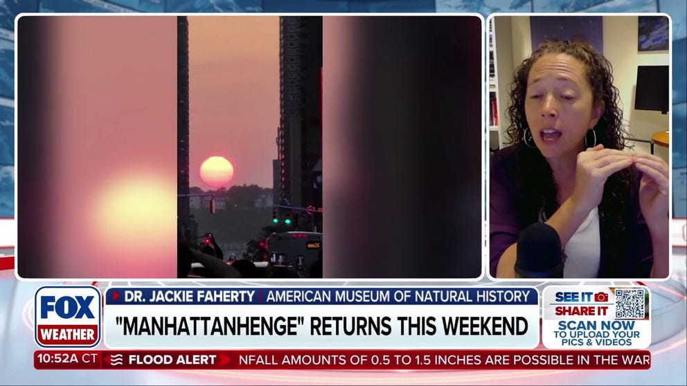 Dr. Jackie Faherty joined FOX Weather ahead of the return of the solar phenomenon Manhattanhenge, the twice-yearly phenomenon when the setting sun aligns perfectly with Manhattan's street grid. The sun show illuminates the city's east-west avenues with a dramatic golden sunset framed by skyscrapers. Saturday features the "full Sun" Manhattanhenge, when the entire solar disk is visible above the horizon.